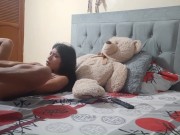 Brunette masturbates with a giant dildo. 12/16