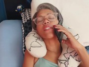 My stepbrother caught me masturbating in the middle of a video call and helps me finish . 6/16