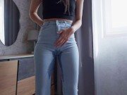 Real Female Desperation! Crying Pee in Jeans 9/16