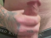 Tattooed Guy Bathroom Jerk Session Huge Cumshot 9/16