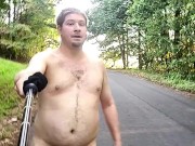 Exhibitionist Nudist walks butt naked in woods/forest and on public road, open field 4/16