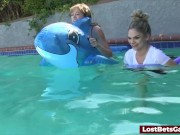 A guy enjoying being sucked and fucked in the pool by several hot babes 4/16
