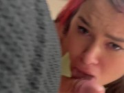 MILF with huge breasts sucks in the bar toilet, cumming 8/16