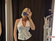 Try On Haul Transparent Clothes in the Fitting room. Blonde seduces in a mall 13/16