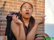 Goth Asian in leather smoking multiple cigarettes at once 6/16