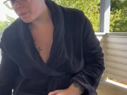 BBW step mom MILF 420 smoking fetish masturbating outside on porch in robe 1/16