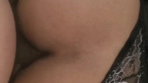 milf wears black lingerie and lets the young man cum inside her ass
