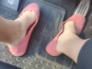 Pedal pumping in dirty worn out pink flat ballet shoes no socks 13/16
