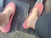 Pedal pumping in dirty worn out pink flat ballet shoes no socks 14/16