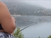 Got caught flashing my big tits to fisherman on the lake. Pov hubby films 14/16