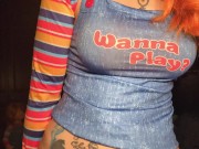 female chucky cosplayer girl gets fucked by dragon dildo