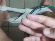 Cleaning the balcony playing with the water hose and get horny 10/16