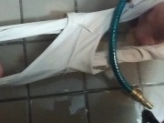 Cleaning the balcony playing with the water hose and get horny 12/16