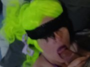 Pregnant & blindfolded wife with neon yellow hair teasing a cock with her tongue then creampied 1/16