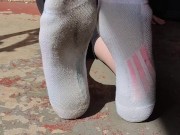 Clean & dirty white ankle socks wiggling my toes 11/16