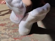 Clean & dirty white ankle socks wiggling my toes 14/16