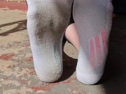 Clean & dirty white ankle socks wiggling my toes 2/16