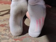 Clean & dirty white ankle socks wiggling my toes 6/16