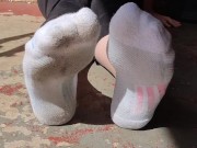 Clean & dirty white ankle socks wiggling my toes