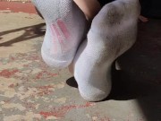 Clean & dirty white ankle socks wiggling my toes 9/16