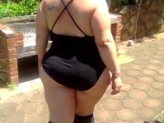 BBW in stockings and body suit doing a quick outside strip 1/16