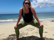 girl doing yoga on the beach and pissed her pants Public 8/16