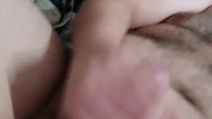 Chubby guy jerking off on sofa and cum