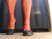 Red Fishnets Ballet Flats Shoeplay Dipping Toe Wiggling 1/16