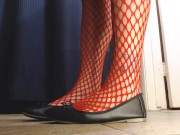 Red Fishnets Ballet Flats Shoeplay Dipping Toe Wiggling 11/16