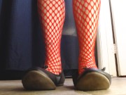 Red Fishnets Ballet Flats Shoeplay Dipping Toe Wiggling 12/16