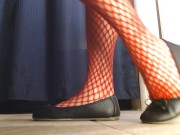 Red Fishnets Ballet Flats Shoeplay Dipping Toe Wiggling 13/16