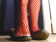 Red Fishnets Ballet Flats Shoeplay Dipping Toe Wiggling 14/16
