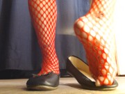 Red Fishnets Ballet Flats Shoeplay Dipping Toe Wiggling 15/16