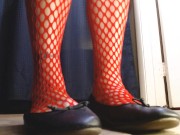 Red Fishnets Ballet Flats Shoeplay Dipping Toe Wiggling 16/16