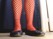 Red Fishnets Ballet Flats Shoeplay Dipping Toe Wiggling 3/16