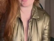 Curvy redhead with massive boobs strips and rides a dildo 4/16