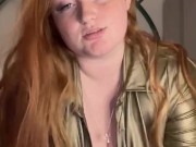 Curvy redhead with massive boobs strips and rides a dildo 9/16