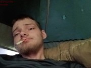 Young muscle man stretching balls while masturbation 1/16