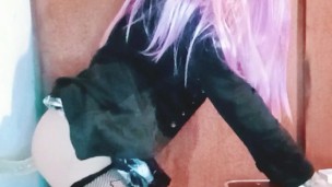 Pink hair sissy e-girl fucking ass with dildo