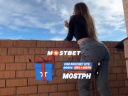 Step sister smokes on the balcony, takes off her jeans and lets her pussy get fucked 1/16