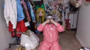 Pink PVC Suit, Gagged and Breathplay Hood