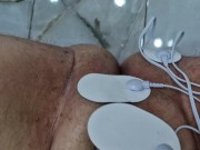 CBT, games with electricity. Mistress connected an electrostimulator to the cock and balls of slave 4/16
