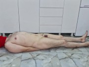 Femdom BDSM trampling. Dominatrix Nika walks on the belly and chest of her lying slave 1/16