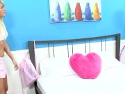 Long blonde haired teen, Megan Moore takes a ride on top and gets a sticky cumshot in her hair. 12/16