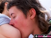 Horny lesbians with hairy pussies and armpits have sex in the bathroom 4/16