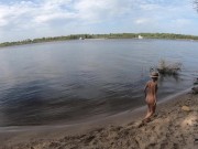 Nude girl and melon on the wild beach 2/16