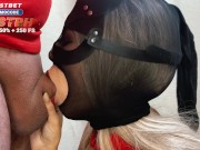 Bitch puts nylons on her head, gives a sloppy blowjob with red lips and gets cum on her face 2/16