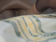 Me and my doll Fortuna in new brown leather leggings on table and in prone bone position. 12/16