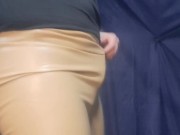 Me and my doll Fortuna in new brown leather leggings on table and in prone bone position. 2/16