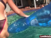 Four skinny ladies in the pool along with their male friend 12/16